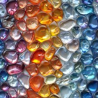 Colorful glass hearts in rainbow pattern arrangement, macro photography showing transparent texture and light reflection, creating abstract artistic background.
