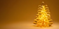 Glowing golden abstract Christmas tree made of spiral light trails against warm amber background, perfect for holiday designs.