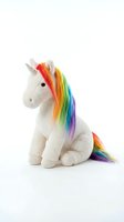 White plush unicorn toy with rainbow mane and tail isolated on white background for children's products and fantasy themed designs.