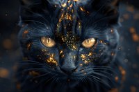 Mysterious black cat with glowing amber eyes and golden glitter sparkles on dark fur creating magical ethereal atmosphere in moody lighting.