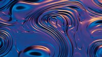 Abstract liquid metal surface with flowing waves and ripples in blue and orange gradient colors creating dynamic fluid motion patterns.