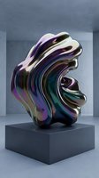 Iridescent metallic abstract sculpture with flowing organic forms and holographic gradient finish displayed on black pedestal in modern gallery space.
