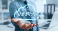 Professional businessman presenting cloud computing concept with trade secrets and business strategy text for corporate data protection and confidential information management.
