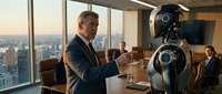 Middle-aged Caucasian male executive in business suit presenting to humanoid robot in modern high-rise conference room with city skyline view, colleagues seated at table during corporate meeting.