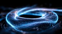 Glowing blue circular wave pattern with particle effects on dark background creates futuristic technology visualization for digital and tech concepts.