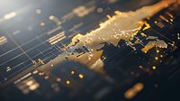 Global digital network visualization with glowing connections and world map silhouette on dark background with bokeh light effects and depth of field.