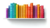 Colorful hardcover books arranged in rainbow spectrum order standing on white shelf, spines showing gradient from purple through blue, yellow, orange to red. For education design.