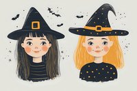 Cute cartoon witches with pointed hats, one with black hair and one with blonde hair, surrounded by bats on beige background. Perfect for Halloween designs.