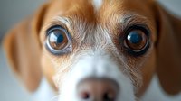 Close up portrait of brown and white beagle dog with expressive blue eyes and wet nose looking directly at camera, showing innocent puppy face.