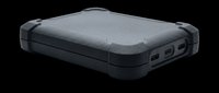 Rugged portable external hard drive in dark gray, isolated on transparent background. Ready for tech clipart, print on demand, stickers, and t-shirt design use.