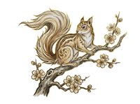 Squirrel perched on flowering branch with fluffy tail, rendered in warm sepia tones. Isolated artwork suitable for prints, textiles, and design projects.