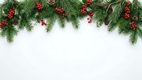 Festive evergreen garland with red berries and pinecones arranged on white background for holiday decorations and seasonal greeting cards.