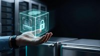 Businessman hand holding glowing holographic cube with cybersecurity icons including shield, lock and fingerprint in modern data center environment.