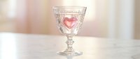 Crystal wine glass with glowing pink heart inside on marble surface, romantic dining concept for Valentine's Day celebration and love themed events.