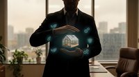 Real estate professional holding glowing holographic house icon with digital technology symbols in modern office with city skyline view.