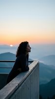Woman with curly dark hair wearing black jacket gazes at sunset from mountain overlook railing, misty valleys below, golden hour light, contemplative mood, suitable for wellness, travel, and lifestyle content.