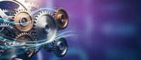 Futuristic mechanical gears and cogs with glowing effects on purple blue gradient background for technology and engineering concepts.