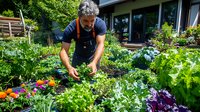 Middle-aged Caucasian man withable garden, picking fresh produce while wearing navy apron in sunny backyard setting.