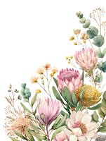 Watercolor protea flowers arrangement with eucalyptus leaves and wildflowers in soft pink and yellow tones on white isolated background for wedding stationery design.