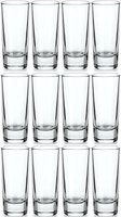 Set of twelve empty clear glass tumblers arranged in rows on white background, transparent drinkware collection for beverage service and hospitality design.