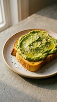 Fresh avocado toast on sourdough bread with olive oil and black pepper seasoning served on ceramic plate for healthy breakfast or brunch meal.
