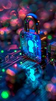 Digital padlock with keyhole on circuit board background with colorful bokeh lights representing cybersecurity data protection and network safety.