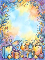 Festive shopping celebration frame with colorful watercolor background, ornamental flourishes, gift boxes, shopping bags, stars and baubles surrounding central copy space for holiday promotions and seasonal marketing.