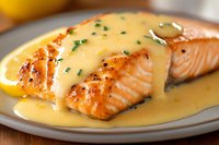 Grilled salmon fillet with creamy hollandaise sauce and fresh chives served on gray plate, close up view of juicy fish with golden crust and lemon garnish.