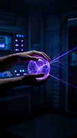Hands holding glowing purple plasma ball with electric energy sparks in futuristic tech laboratory environment for innovation and technology concepts.