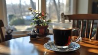 Steaming hot black coffee in glass mug on vintage saucer near window with morning light, potted flowers create cozy home atmosphere. Perfect for cafe marketing.