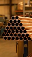Stack of shiny copper pipes arranged in pyramid formation at industrial warehouse facility for plumbing and construction supply distribution.