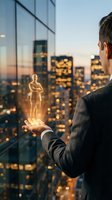 Businessman holding glowing holographic figure in palm against city skyline at dusk representing leadership, mentorship and human resources management concepts.