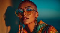 Young African American woman with short pink hair wearing oversized round glasses and colorful patterned clothing against teal background with dramatic lighting.