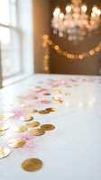 Gold confetti and pink glitter scattered on a white marble table with bokeh chandelier lights, evoking luxury celebration and festive party decor.