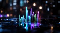 Glowing neon vertical bars in blue, purple and green colors rising from reflective dark surface against blurred bokeh background, creating futuristic visualization.