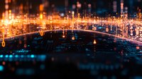 Digital network visualization with glowing orange and blue lights creating curved lines and data points against dark background, representing connectivity.