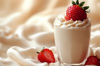 Creamy yogurt dessert topped with fresh strawberry against soft beige background, perfect for food advertising.