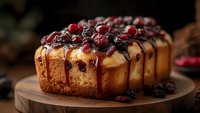 Fresh baked pound cake topped with chocolate ganache drizzle, cranberries and dried fruits on wooden board, rustic style food photography.