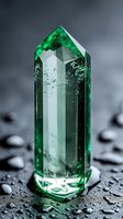Large green crystal quartz point with natural inclusions and faceted surfaces on dark stone background with water droplets for healing and meditation.