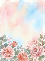 Watercolor floral frame with pink roses, peonies, and eucalyptus leaves on soft pastel background. Isolated design element for invitations, greeting cards, and wedding stationery projects.