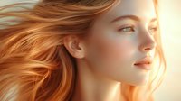 Young woman with flowing strawberry blonde hair in warm sunlight, glowing skin and natural makeup, side profile portrait against soft golden background.