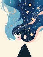 Dreamy girl profile with flowing hair containing starry night sky, constellations, moon phases and cosmic elements in blue and pink pastel colors. Magical celestial art.