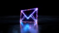 Glowing neon envelope symbol with electric lightning effect on dark background with blue reflection, digital communication concept for email marketing.
