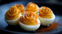 Deviled eggs with paprika-dusted yolk rosettes arranged on dark plate, gourmet appetizer for catering, restaurants, food styling, and culinary publications.