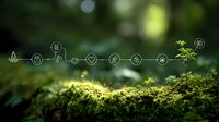 Sustainable ecosystem concept with environmental icons on glowing line connecting plant growth stages in lush green moss forest setting.
