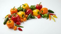 Assorted fresh bell peppers and hot chili peppers in red, yellow, orange, and green varieties arranged on white background for culinary and food styling projects.