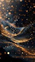 Magical golden light waves with glowing particles and bokeh effects on dark blue background, creating ethereal atmosphere for festive designs.