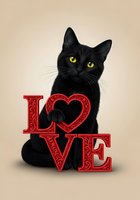 Black cat with striking yellow eyes sitting behind red ornamental love text on beige background. Suitable for Valentine's Day greeting cards, pet lovers' designs, and romantic themed projects.