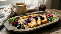 Delicious homemade crepes with fresh berries and jam served on wooden plate with coffee cup for breakfast or brunch meal preparation.