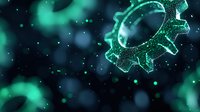 Glowing green gear shape with particles and bokeh effects on dark background creates futuristic technological atmosphere for business and innovation concepts.